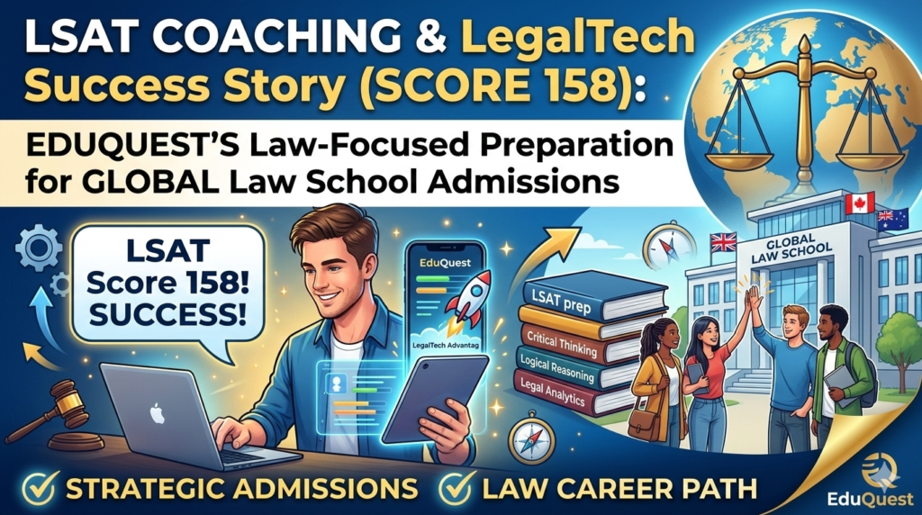 A professional navy and gold educational thumbnail featuring a student successfully using a laptop and tablet with the "EduQuest LegalTech" interface.